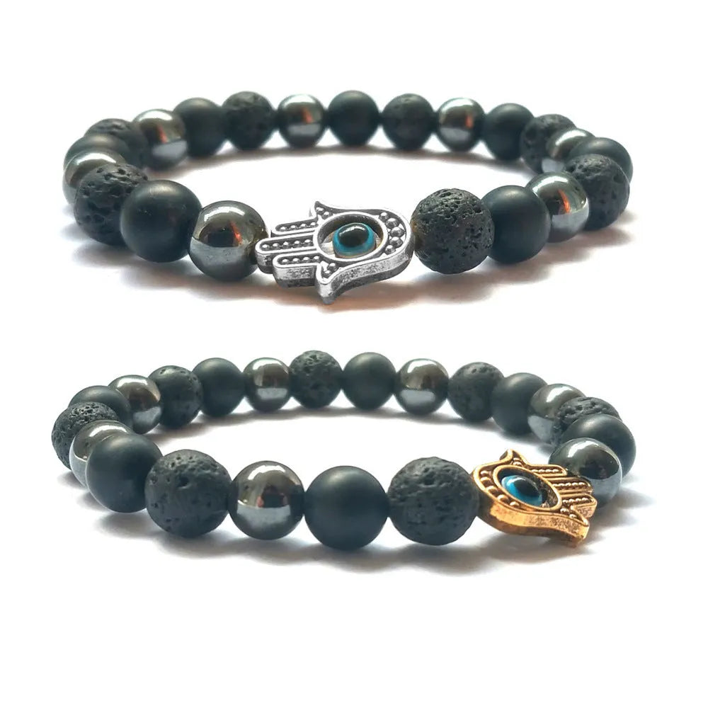Handmade beaded bracelet with 8mm stone and alloy beads in silver finish, electroplated, 18cm circumference