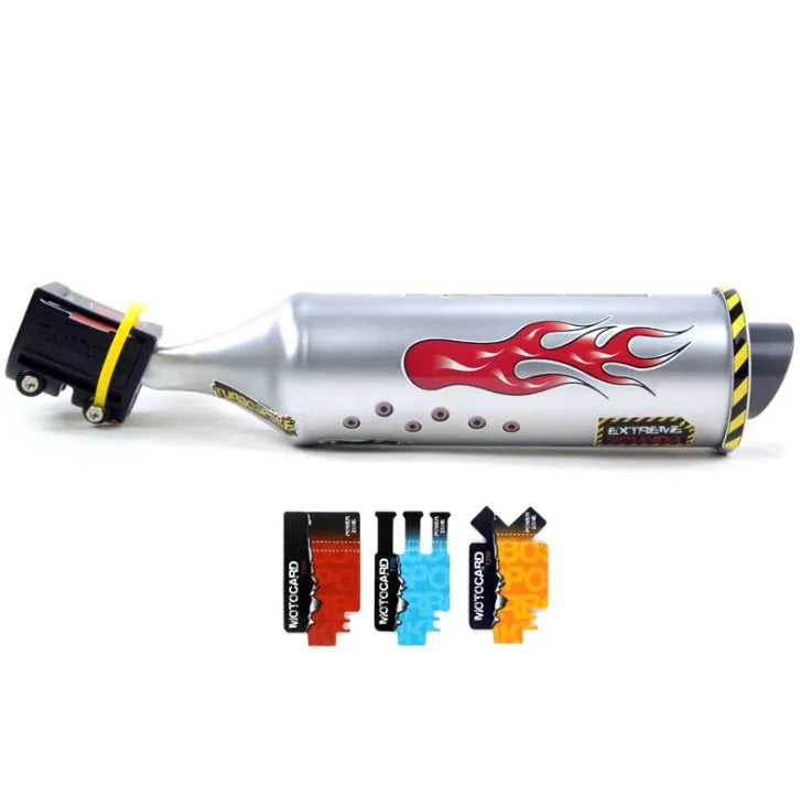Plastic bicycle turbo sound exhaust with six voice cards, mounted on bike spoke, measuring approx 35 by 7.5 cm