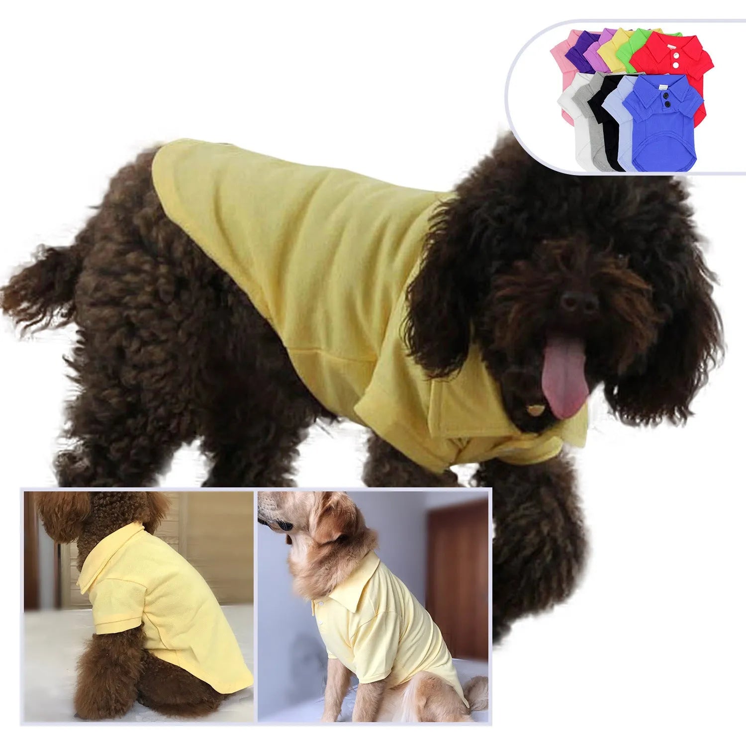 Cotton pet clothing polo shirt for dogs in black, grey, pink, white, yellow, sizes XS to XXL