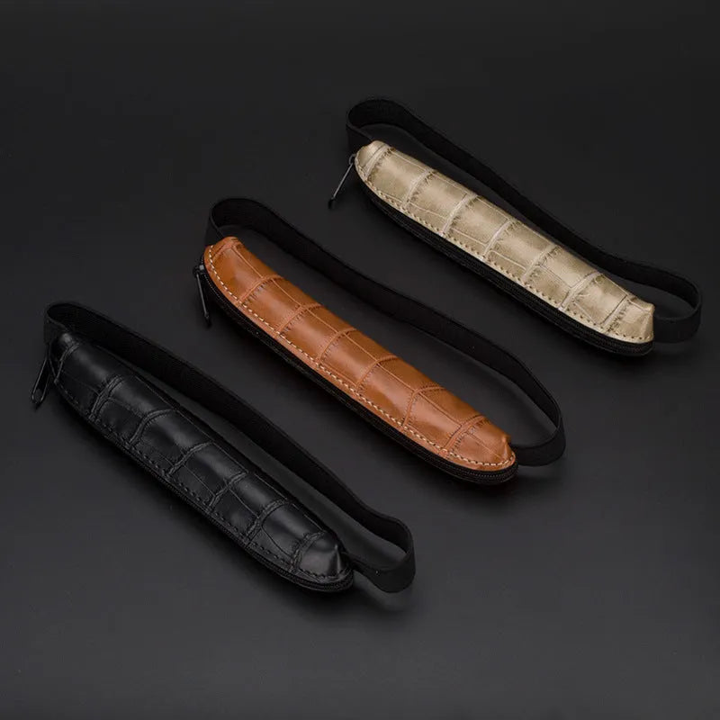 Long slim beige grey PU leather pencil case showing 16.5cm length