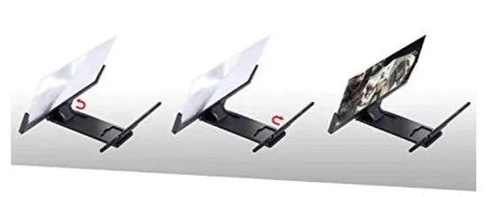 Mobile phone stand magnifier with black frame and clear acrylic screen showing magnification effect