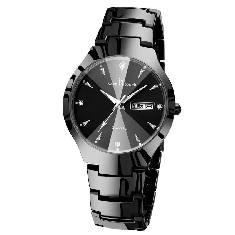 Luminous couple calendar quartz watch with 38mm round alloy case and mineral glass, available in silver black