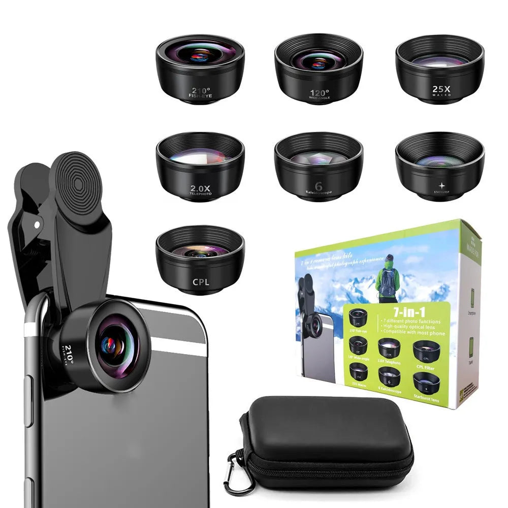 Ten-in-one external camera lens kit with fisheye, wide-angle, and macro lenses on smartphone
