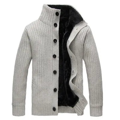 Men's cotton vinylon blend cardigan sweater with standing collar, black colour, thick long sleeves