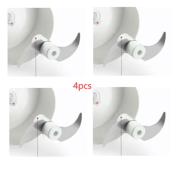 White and silver manual food chopper with stainless steel blades on a kitchen countertop.