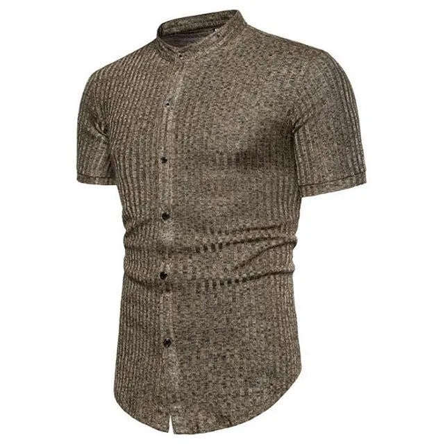 Men's casual short sleeve shirt in black, brown, and gray cotton blend, sizes M to 3XL