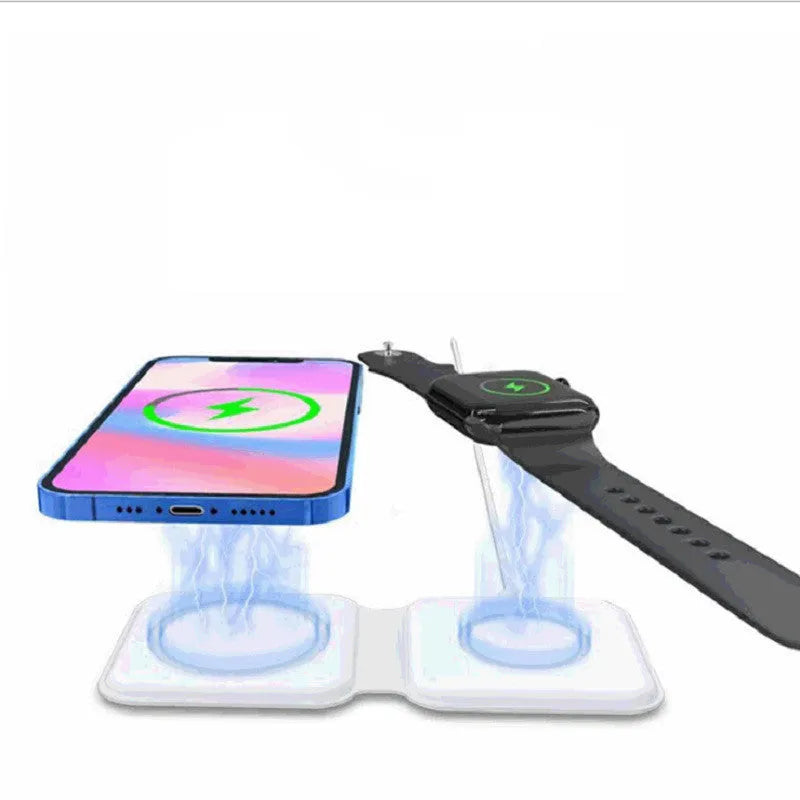 White foldable dual-pad magnetic wireless charging dock shown at an angle on a table.