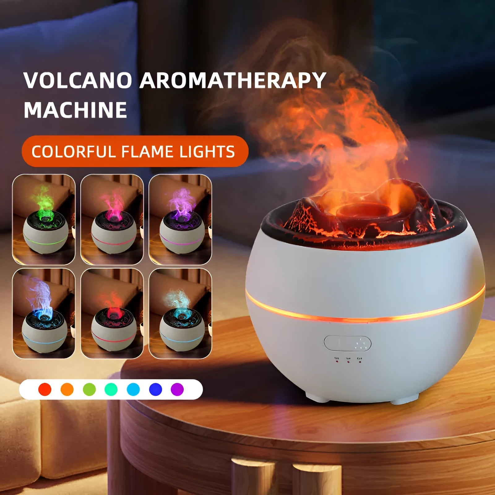 White round flame aroma diffuser humidifier with timer settings on a desk.