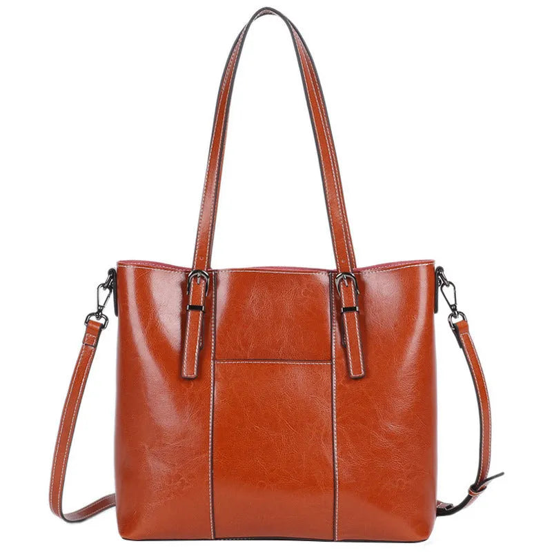 Genuine leather women's retro shoulder bag in brown with multiple compartments and detachable straps
