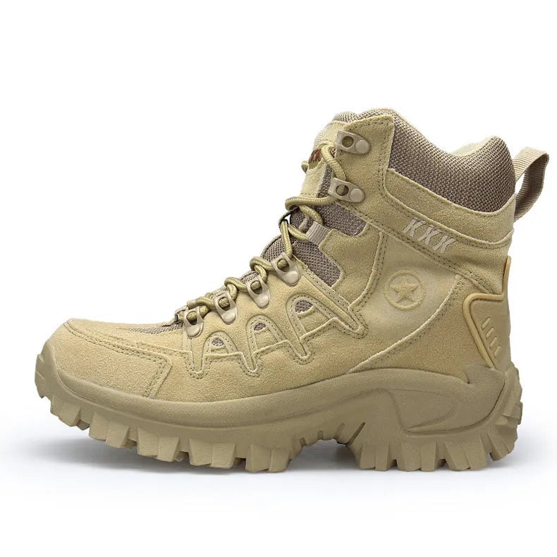 Men's black US Army Delta style tactical boots with leather and velvet upper and rubber sole.