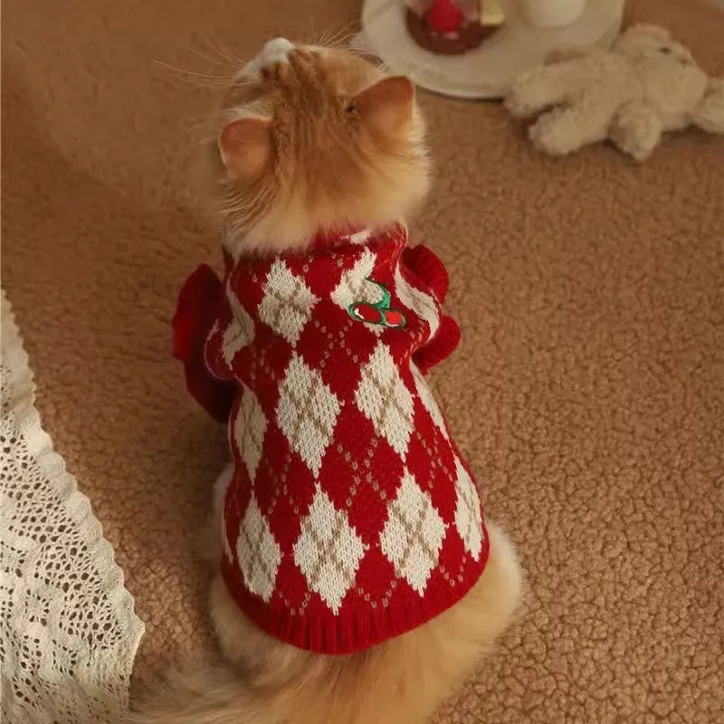 Red cat sweater with cherry and diamond embroidery pattern for autumn and winter wear