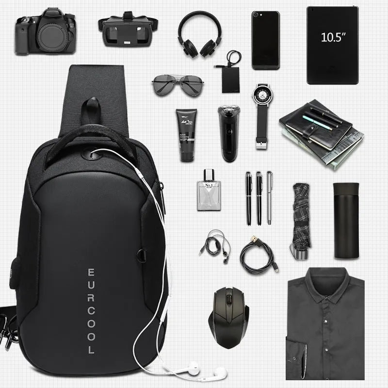 Men's black Oxford crossbody bag with single adjustable shoulder strap and USB charging port, front view
