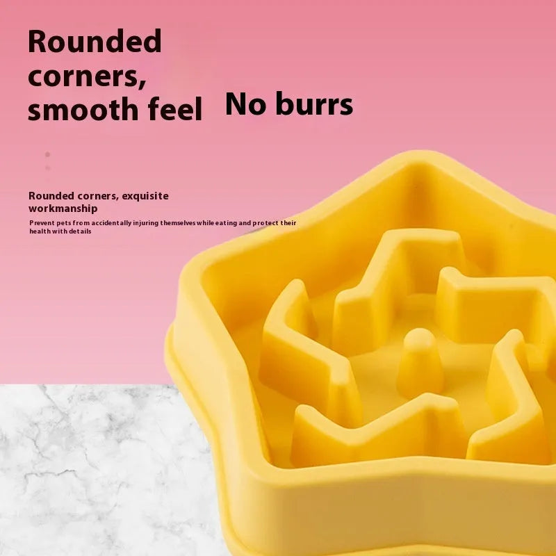 Yellow plastic slow feeding dog bowl with rough textured bottom, diameter 20.1cm