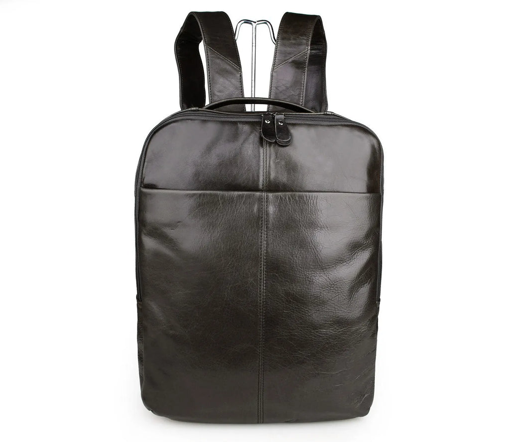 Top layer leather computer backpack in brown, fits 15 inch laptop, 29cm length 38cm height compact business daypack