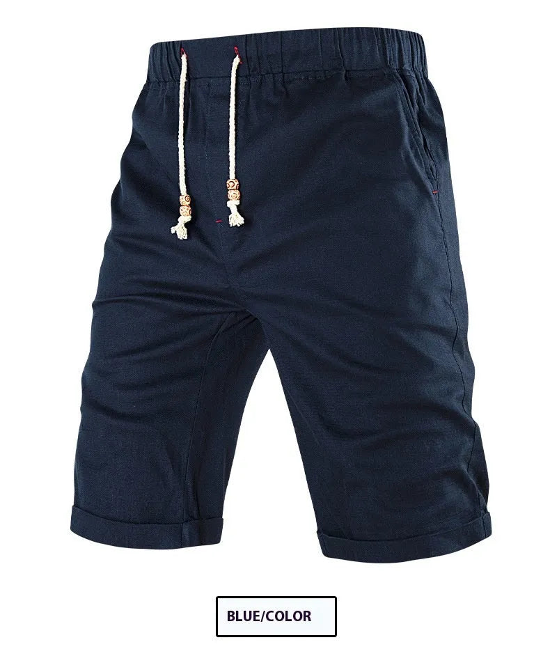 Men's solid colour cotton blend casual shorts with a drawstring waist and zip pocket.