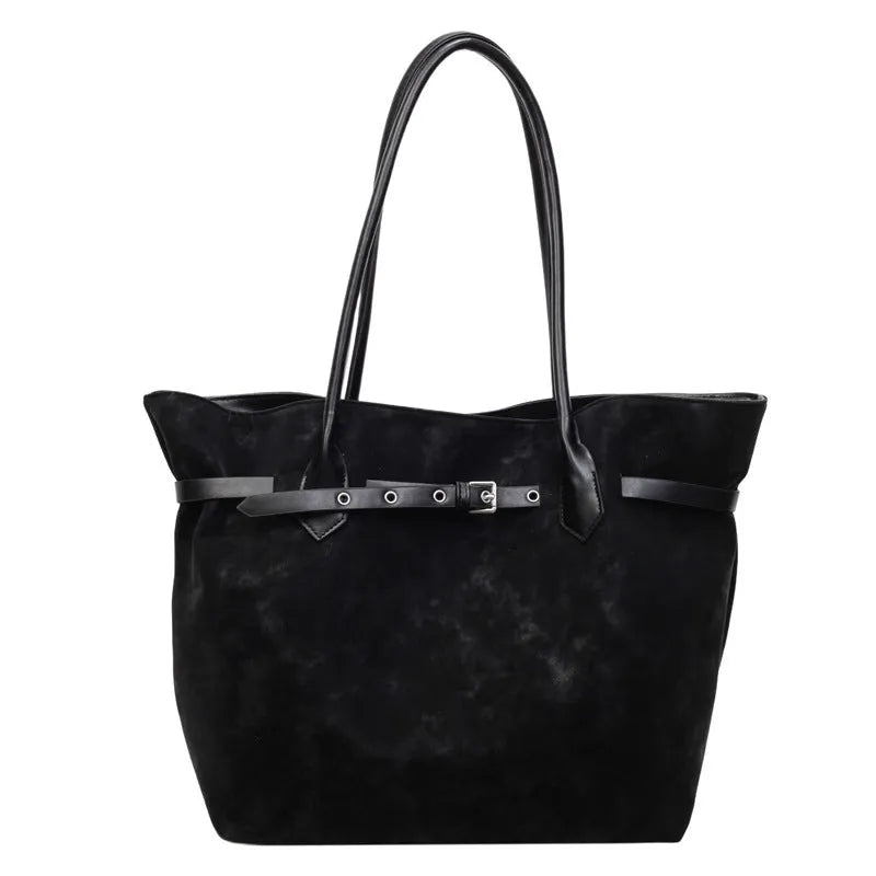 Retro large tote bag for women, deerskin velvet, 46x15x31cm, sandwich pocket, black green brown light brown colours