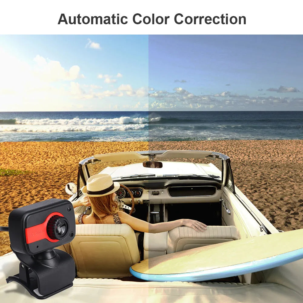 Mini driverless USB webcam with rotating lens in blue, red, or white colours.