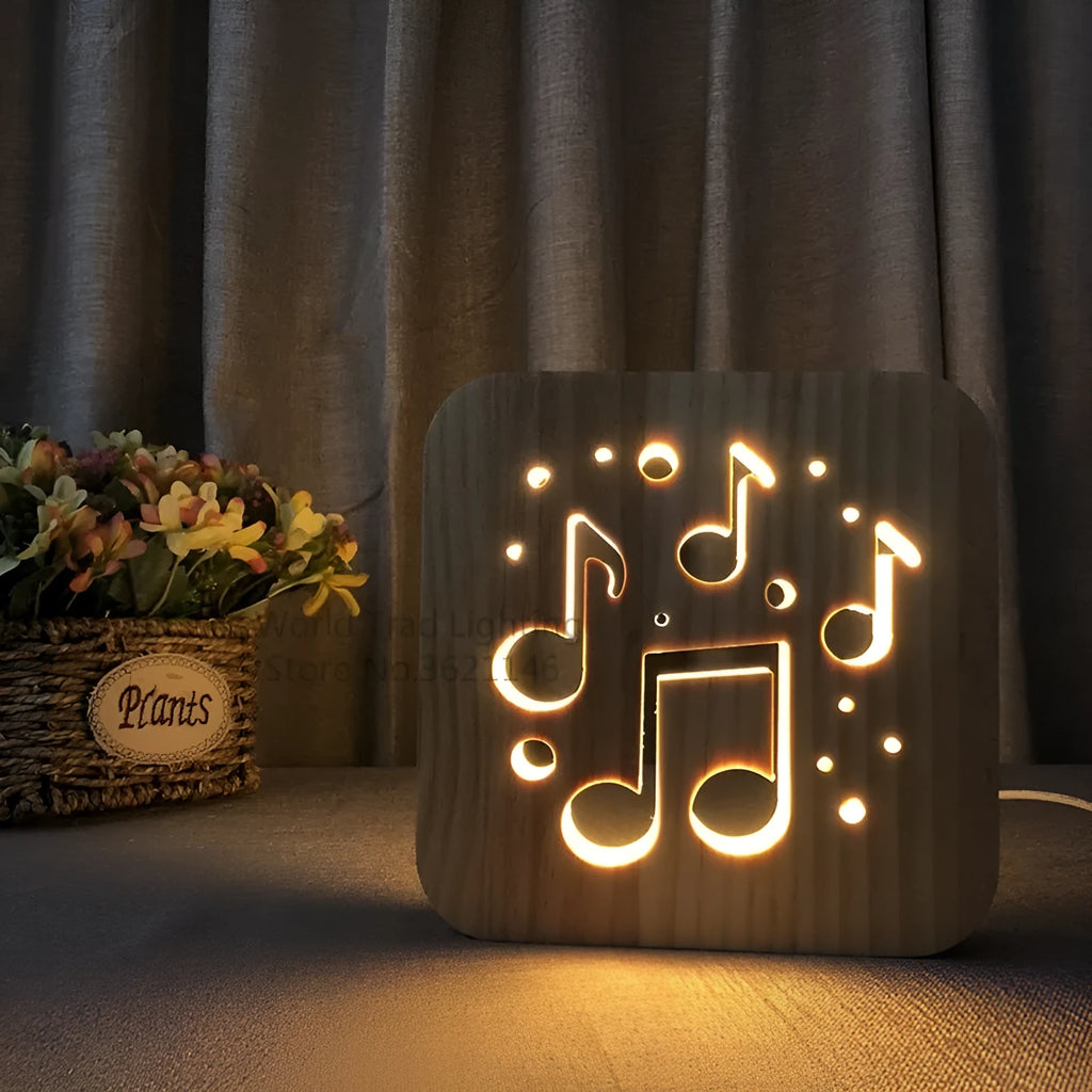 Square pine wood USB LED atmosphere lamp emitting warm white light on a table.