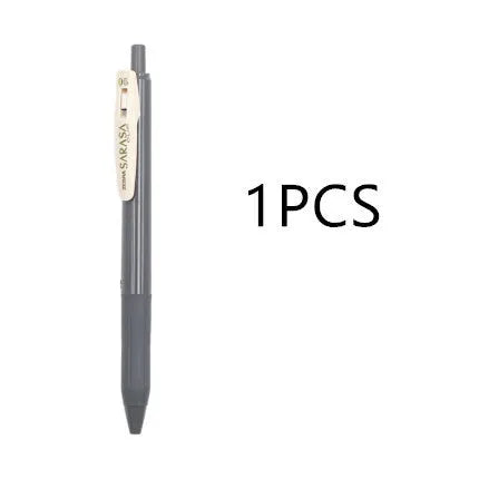 0.5mm bullet gel pen with press water mechanism in a retro style, showing colour options.