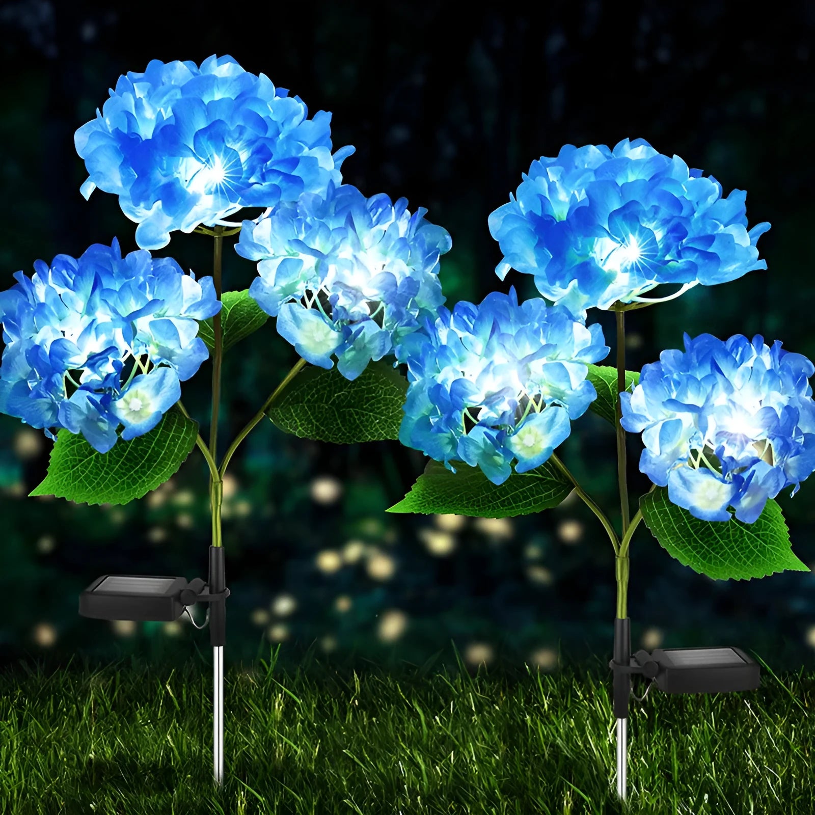 Solar hydrangea garden lights with plant modelling in outdoor setting showing colour variations
