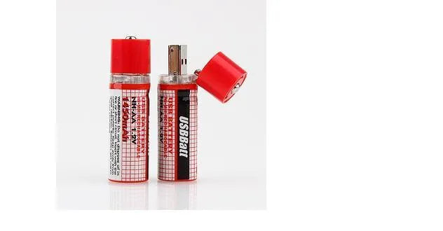 Two red USB rechargeable AA Ni-MH batteries with blue LED charging indicator on white background