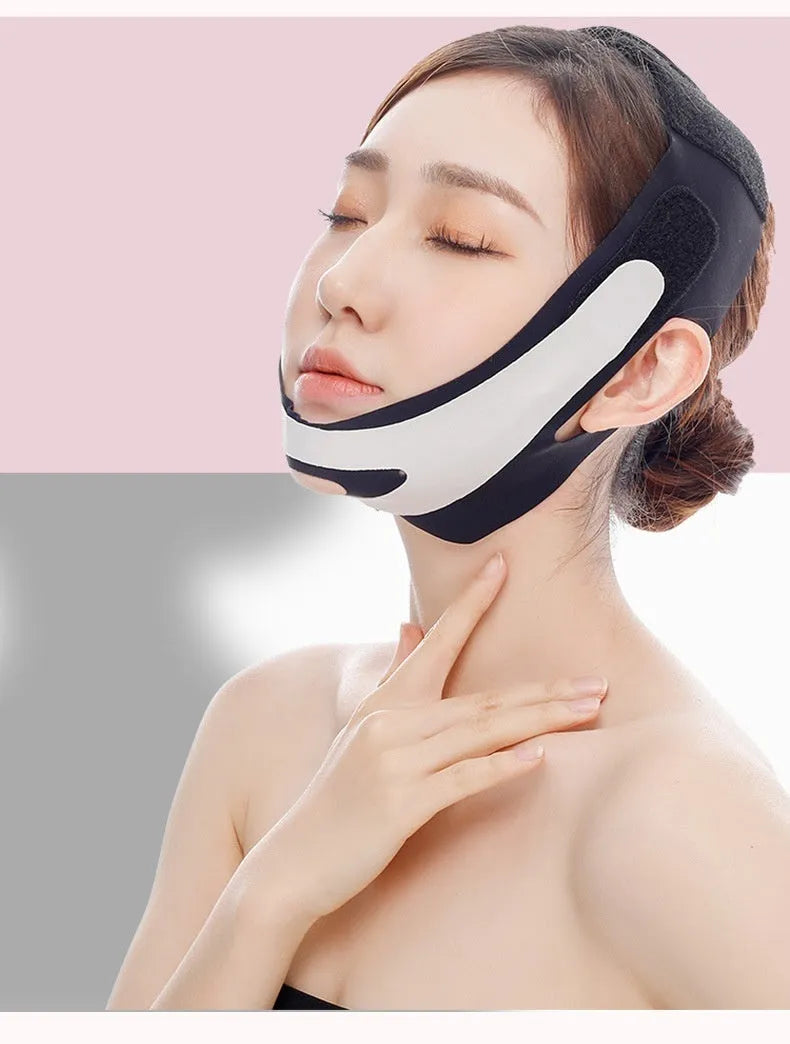 V-shaped elastic face bandage in pink or black colour for facial contouring applications