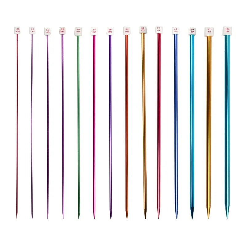 Aluminium crochet hook set showing 14 different sizes with protective plastic caps