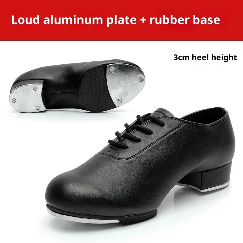 Adult tap dance shoes with leather upper, black men's style, on a plain background.