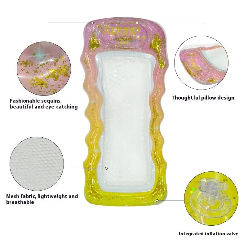 Inflatable floating row in sequined gradient colours on water, with canopy and mesh deck chair