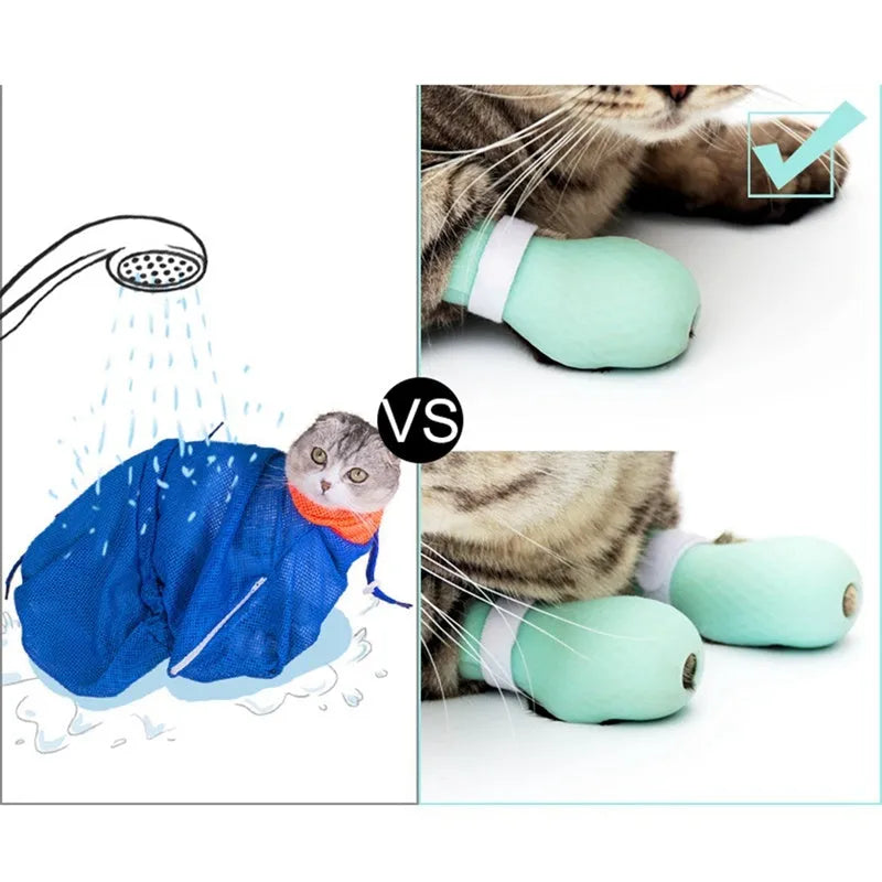 Green silicone cat bathing feet washing set with nylon buckle strap on a surface