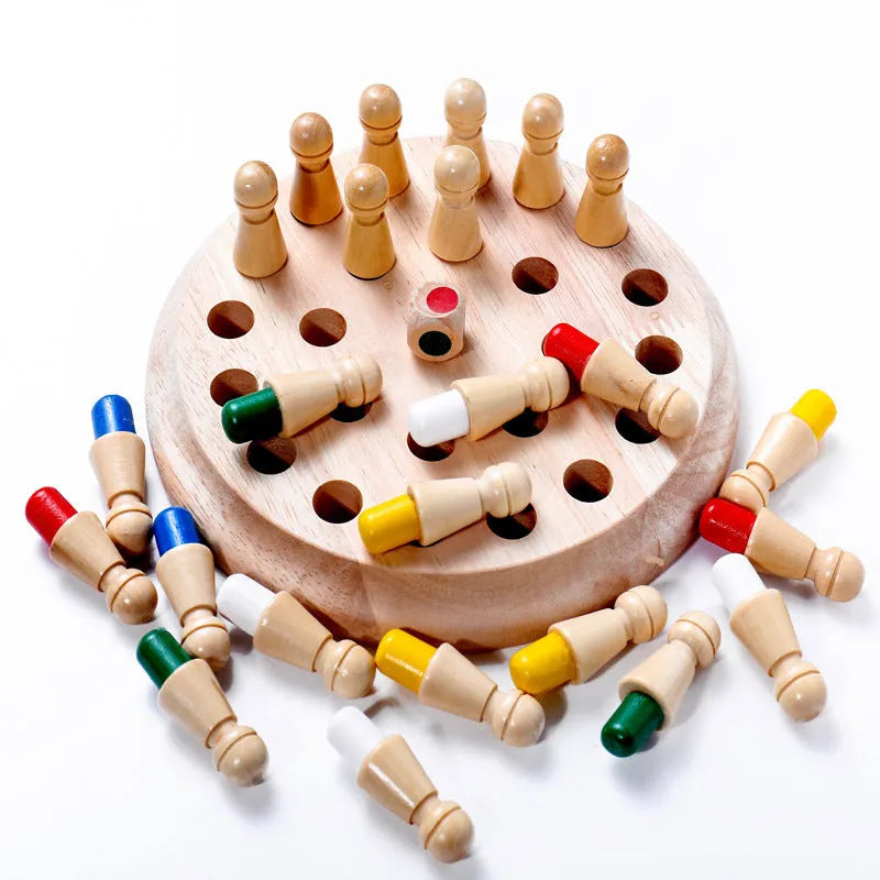 Children's wooden memory chess game with beech wood pieces on a 17cm square board for colour recognition.