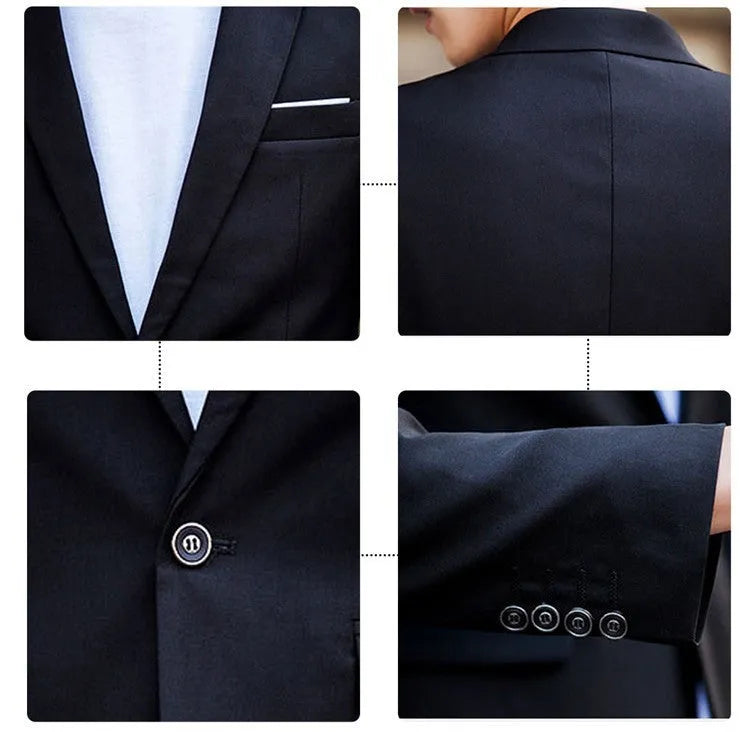 3-piece men's suit set with jacket, trousers, and white shirt in black, polyester fabric, back centre vent, front view