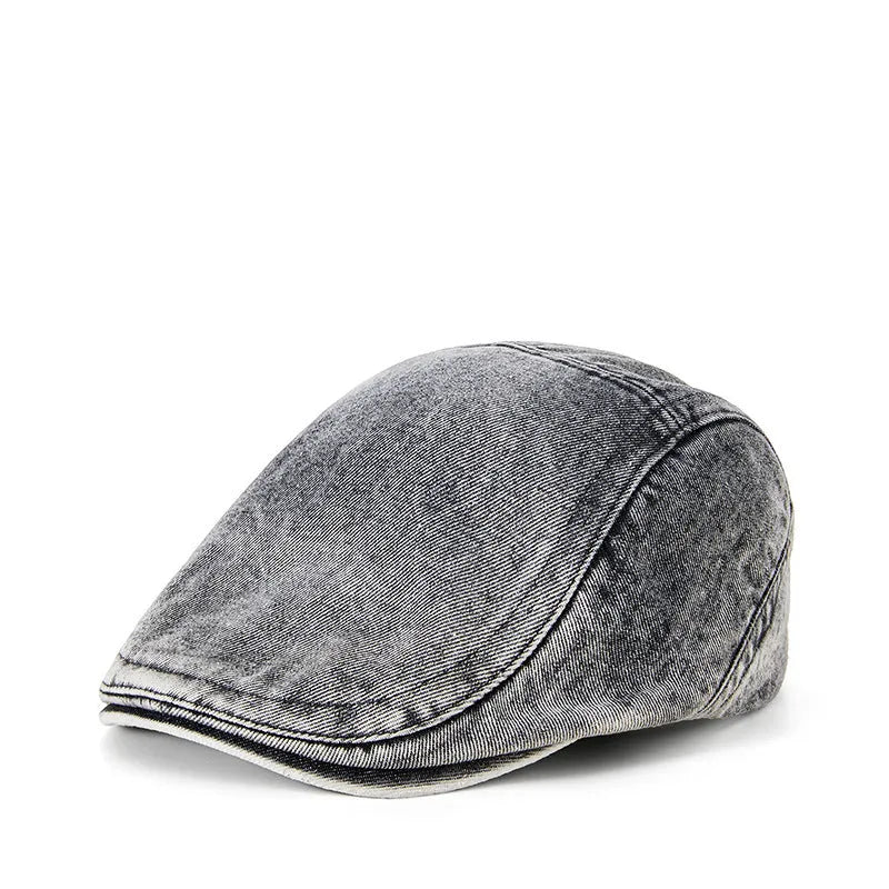 Men's forward baseball cap style hat with flat top crown design in denim blue cotton fabric