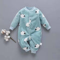 Baby wearing a long sleeve flannel romper with a panda print design