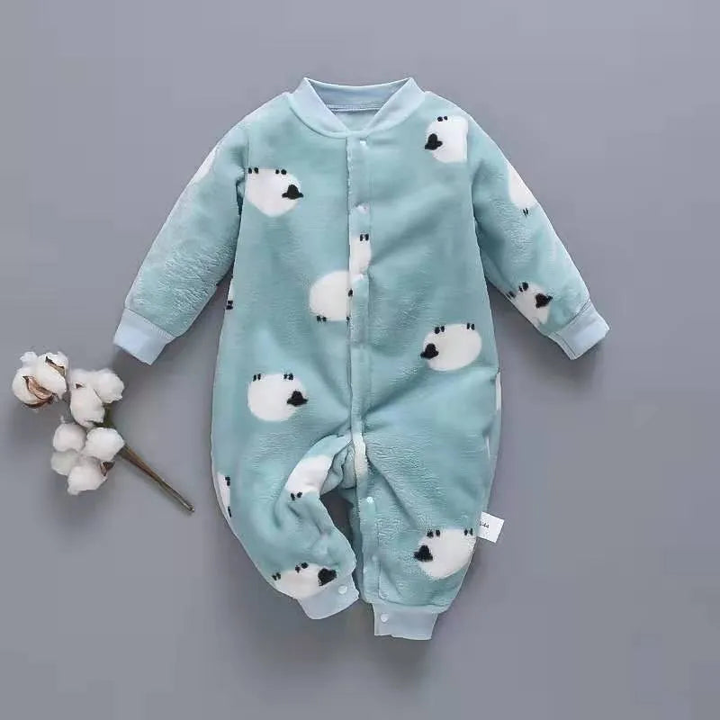 Baby wearing a long sleeve flannel romper with a panda print design