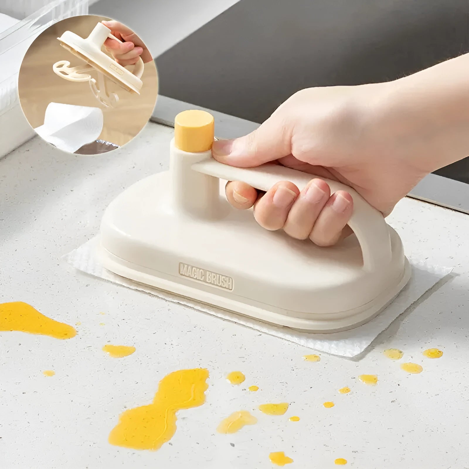Disposable Magic Brush cleaning tool with plastic handle and stack of 50 white non-woven fabric refill rags.