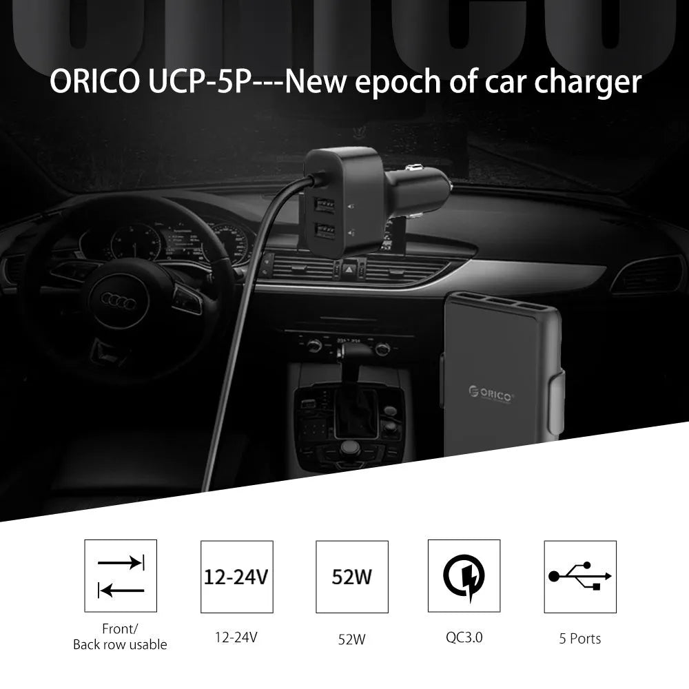 ORICO black 5-port car charger with QC3.0 expander, 1.8m cable, and USB-A ports