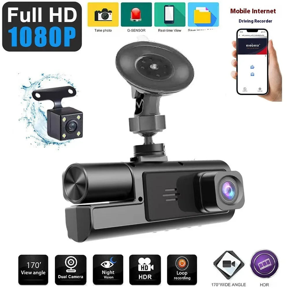 Dual-lens HD driving recorder with 3.5-inch screen mounted in vehicle