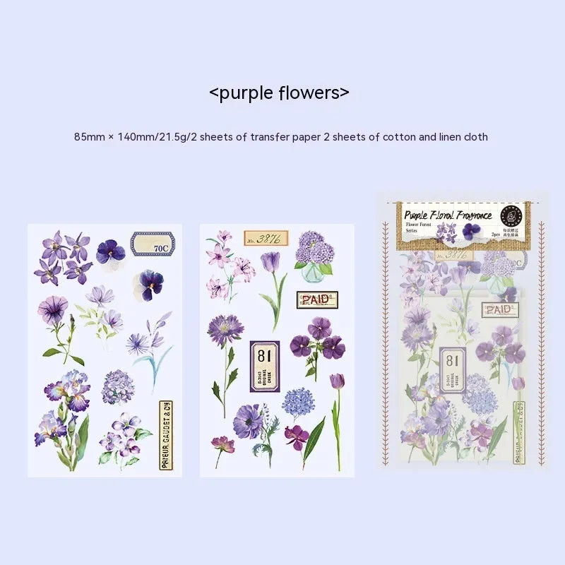 Huazhisen forest art sticker pack showing six colour designs on transfer and cotton linen paper sheets