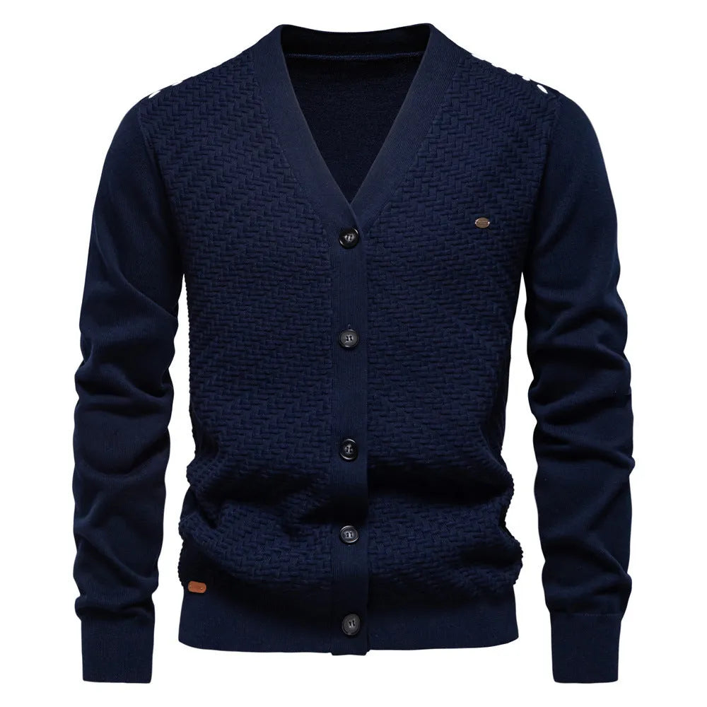 Men's V-neck slim fit cotton cardigan sweater in gray, long sleeves, autumn casual top