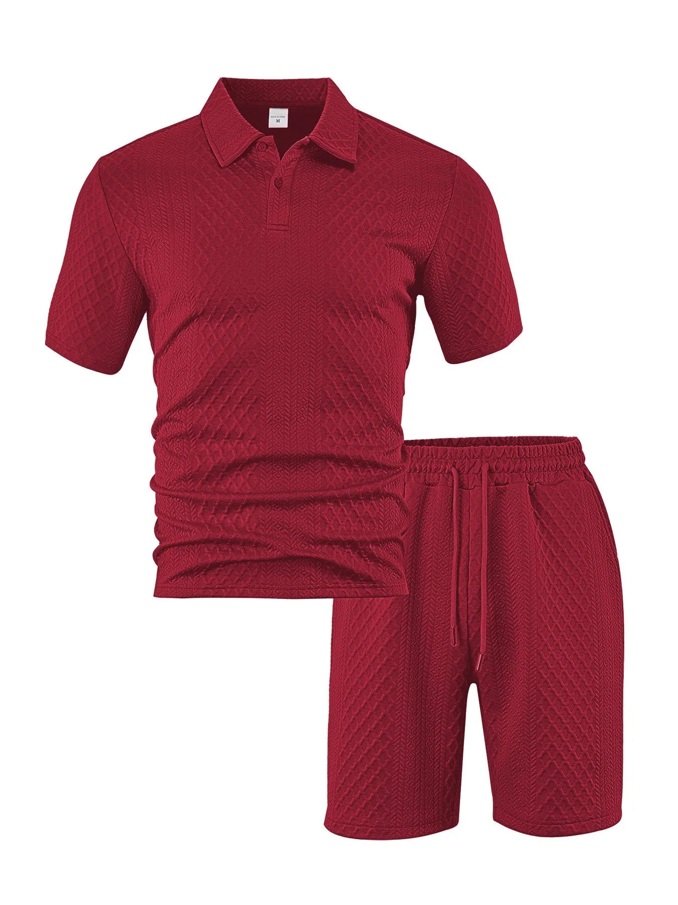 Men's pattern cloth casual short sleeve polo suit set with matching top and trousers in multiple colours