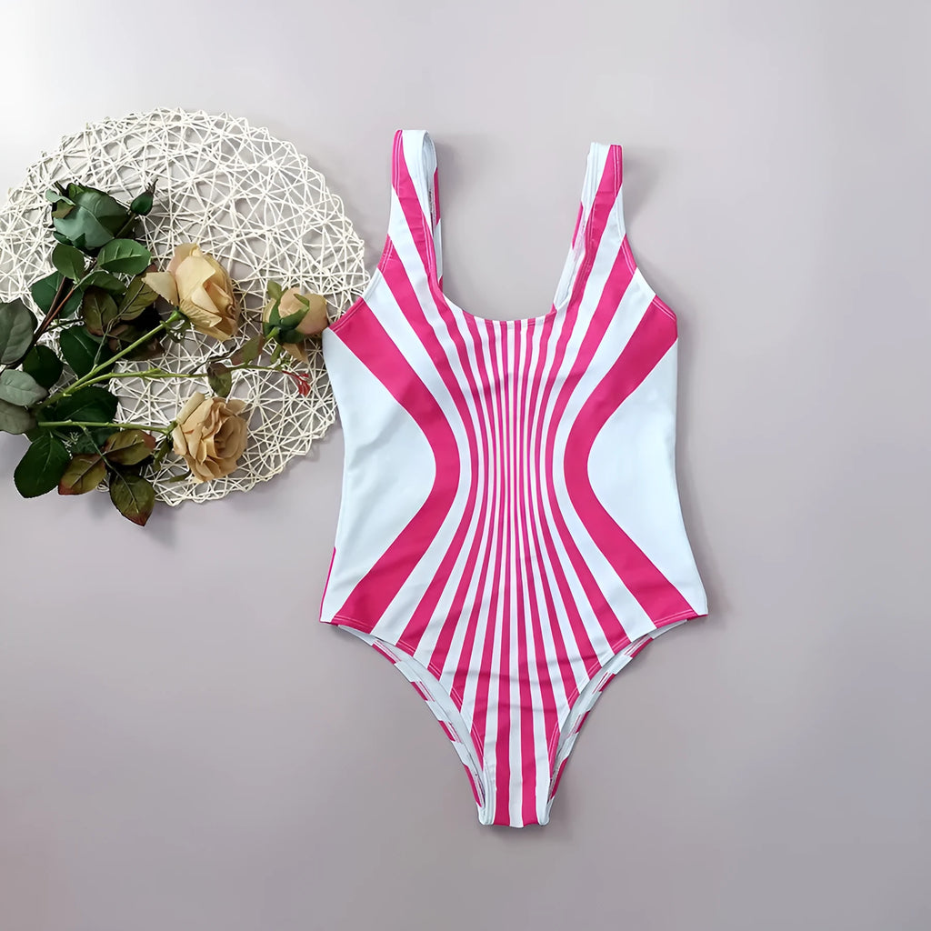 Pink striped one-piece swimsuit for women with front and back digital printing.