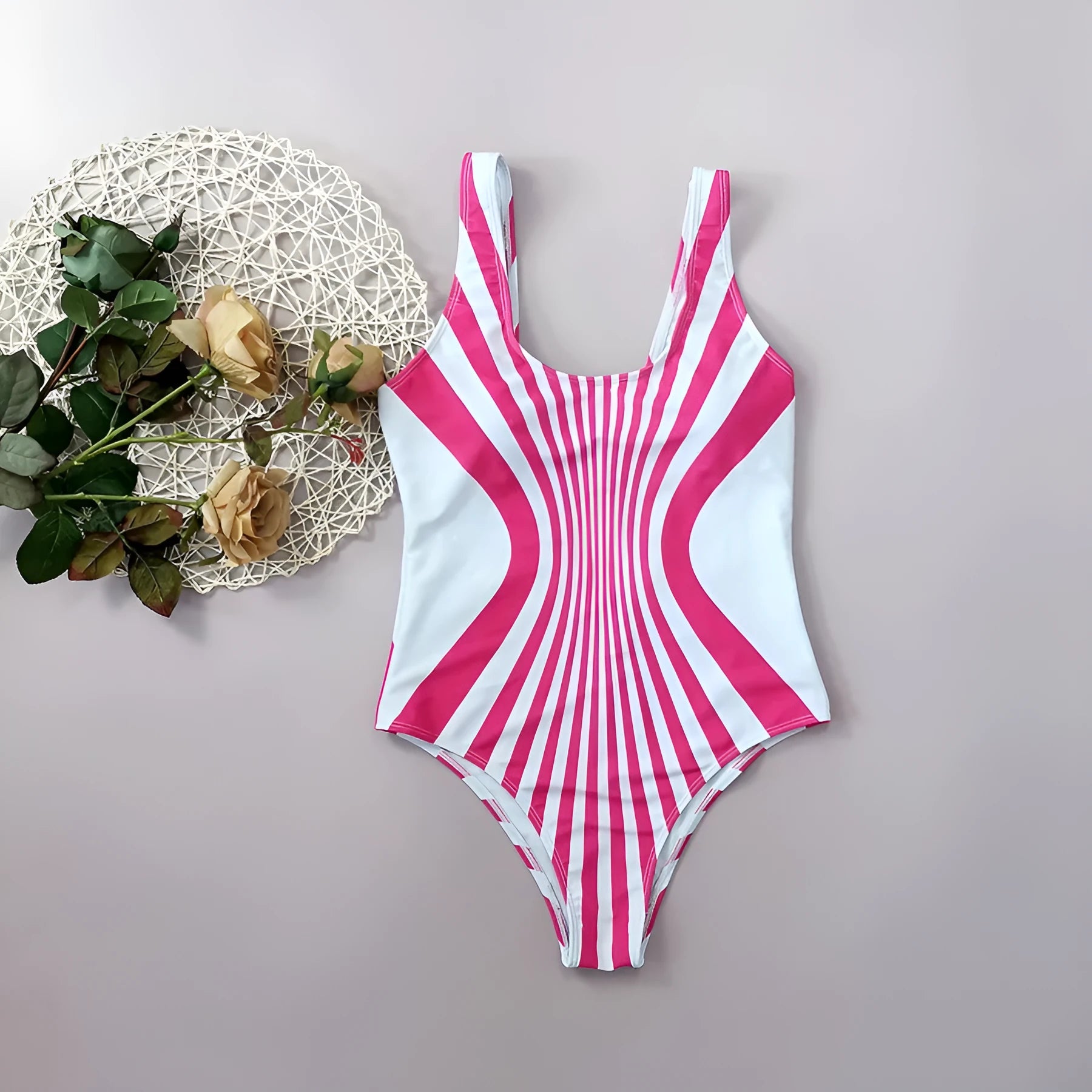 Pink striped one-piece swimsuit for women with front and back digital printing.