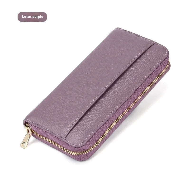 Long genuine leather women's wallet in a choice of six colours, showing large capacity and anti-theft card feature.