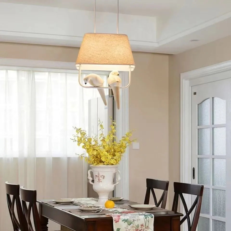 Bird design fabric chandelier ceiling lamp with iron frame hanging from a cord