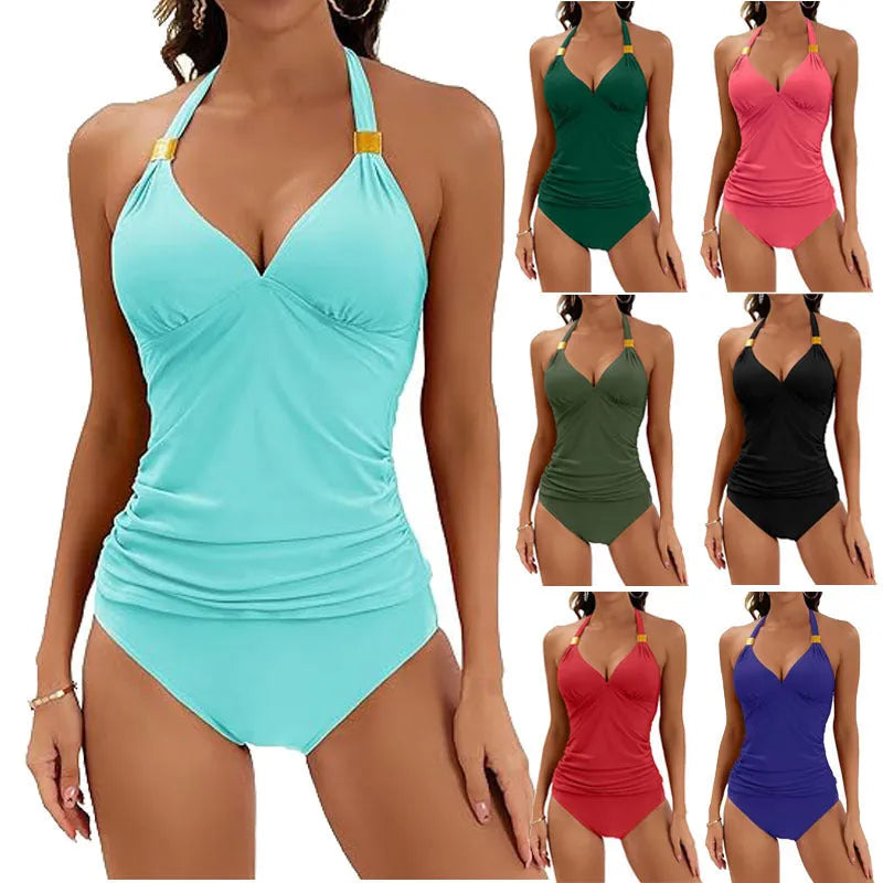 Women's red halter neck two piece swimsuit with tie-side bikini briefs on a mannequin