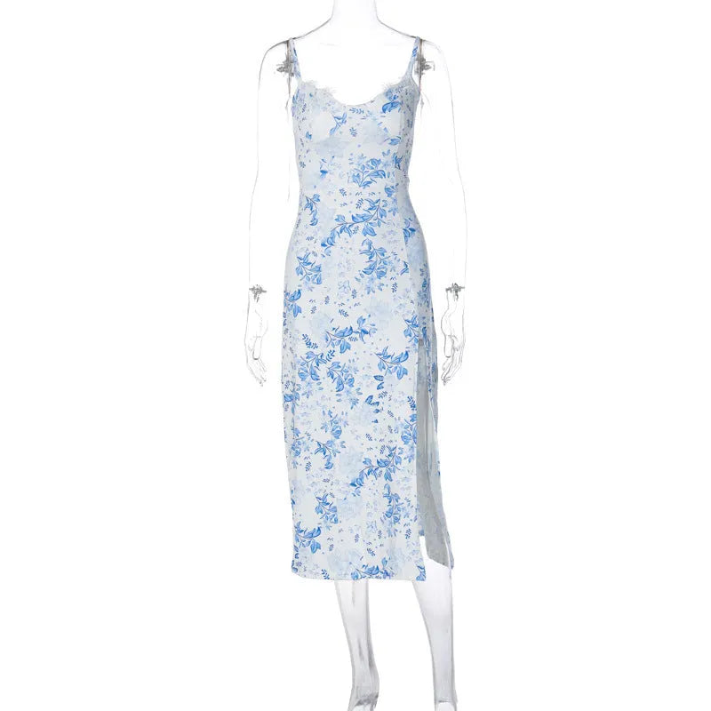 Women's long dress with lace flowers print pattern, side slit, and suspender straps in polyester fabric