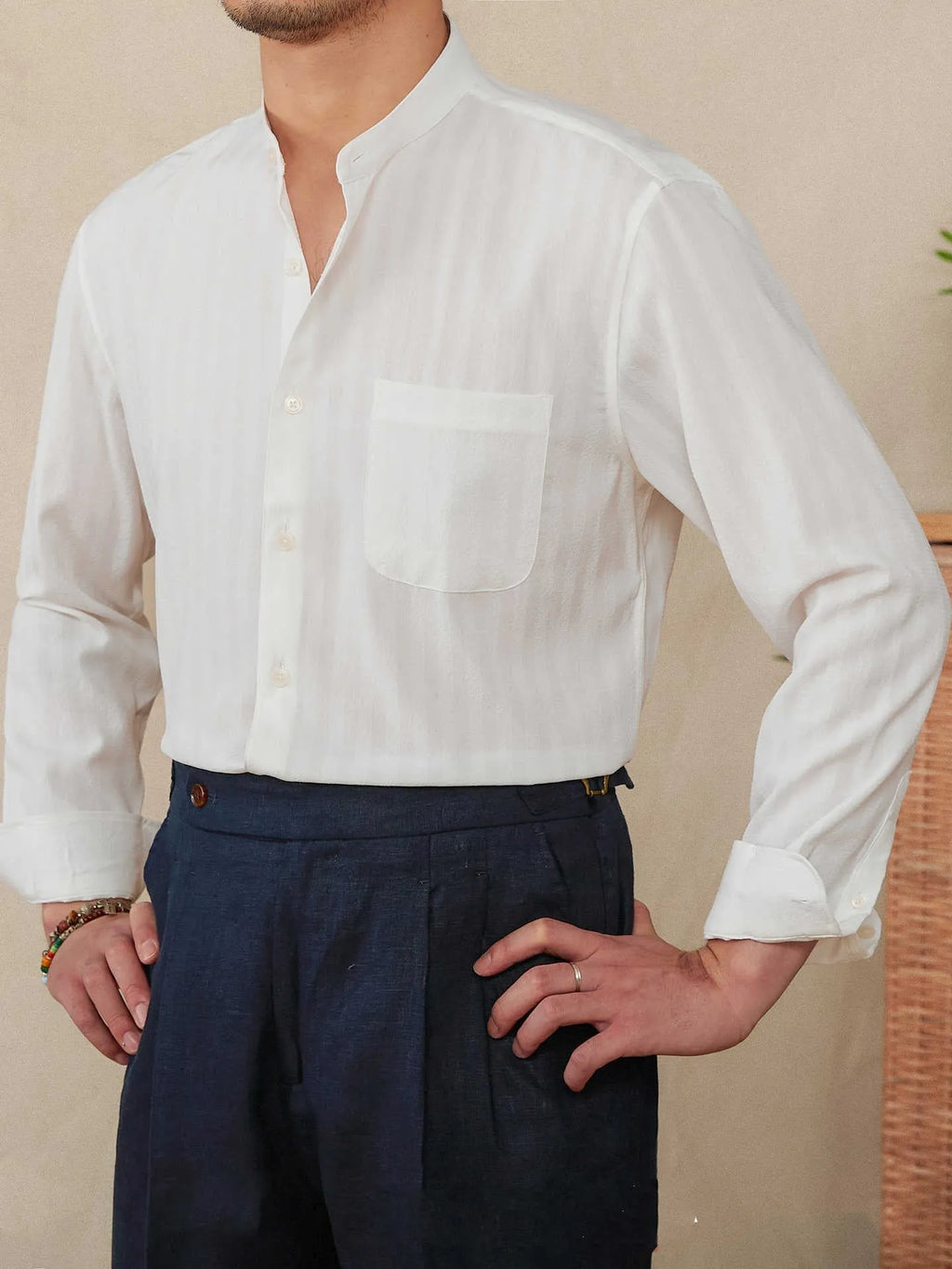 Blue and white seersucker striped men's shirt with baseball collar and loose lapel design