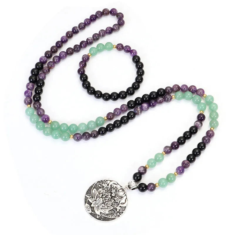 Yoga lotus pendant necklace with handmade stone beads and matching bracelet set