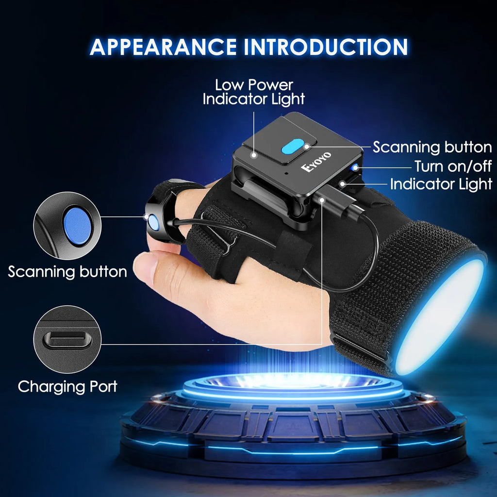 A person wearing a Bluetooth barcode scanner mounted on a wrist glove, scanning a product package.